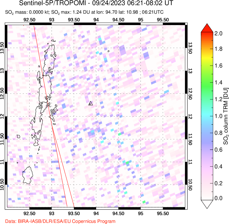 A sulfur dioxide image over Andaman Islands, Indian Ocean on Sep 24, 2023.