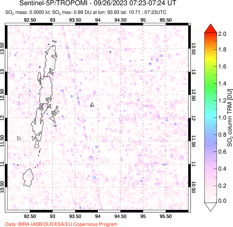 A sulfur dioxide image over Andaman Islands, Indian Ocean on Sep 26, 2023.