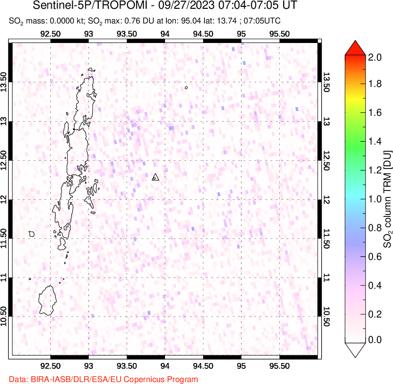 A sulfur dioxide image over Andaman Islands, Indian Ocean on Sep 27, 2023.