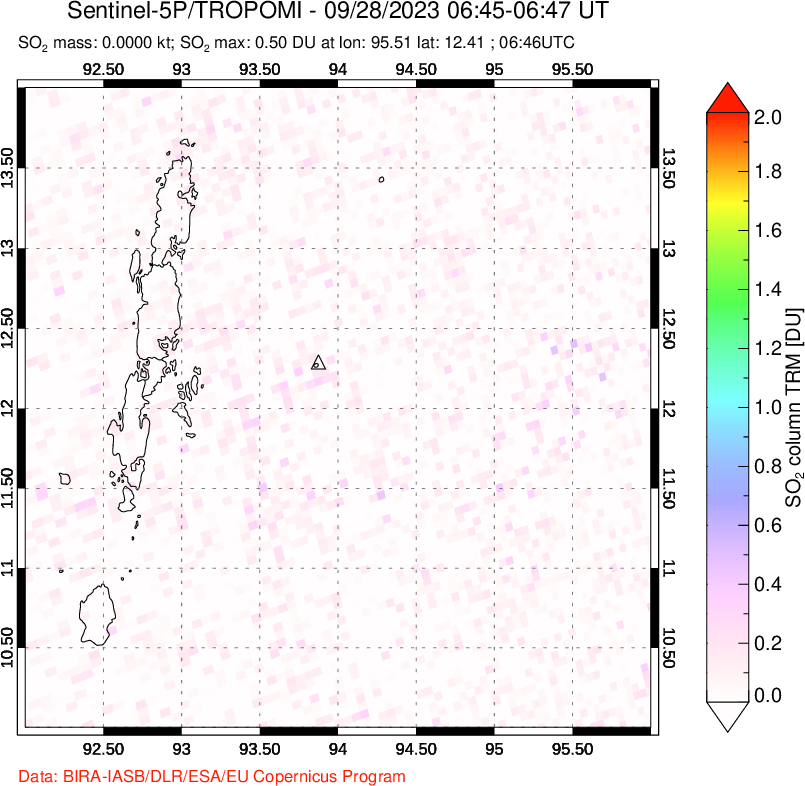 A sulfur dioxide image over Andaman Islands, Indian Ocean on Sep 28, 2023.