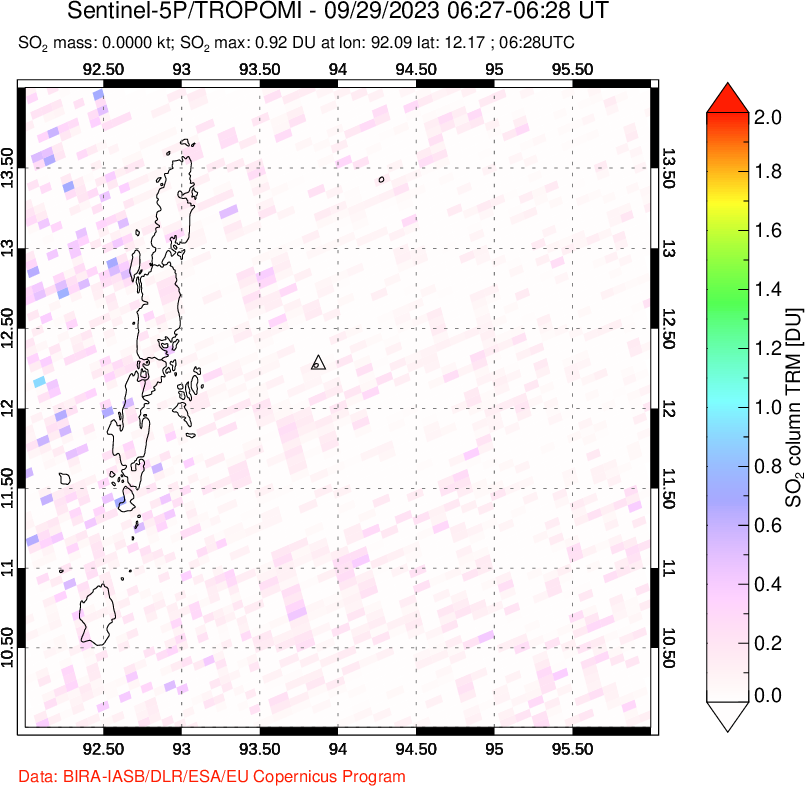 A sulfur dioxide image over Andaman Islands, Indian Ocean on Sep 29, 2023.