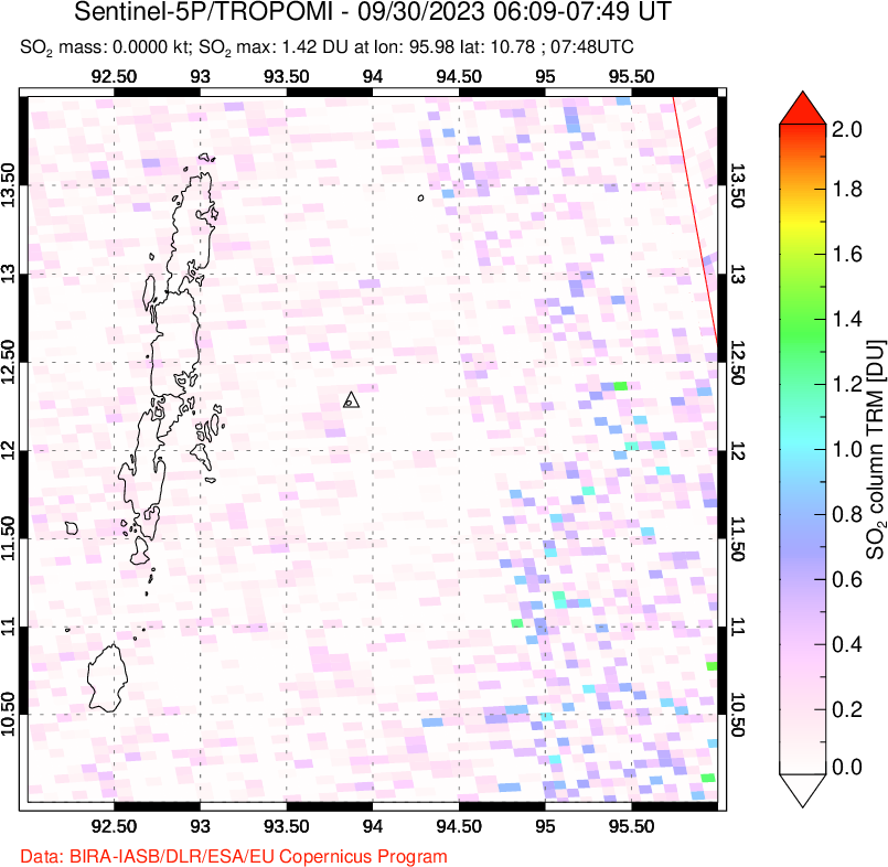 A sulfur dioxide image over Andaman Islands, Indian Ocean on Sep 30, 2023.