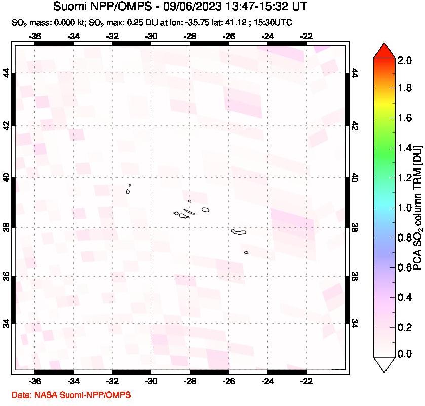 A sulfur dioxide image over Azores Islands, Portugal on Sep 06, 2023.