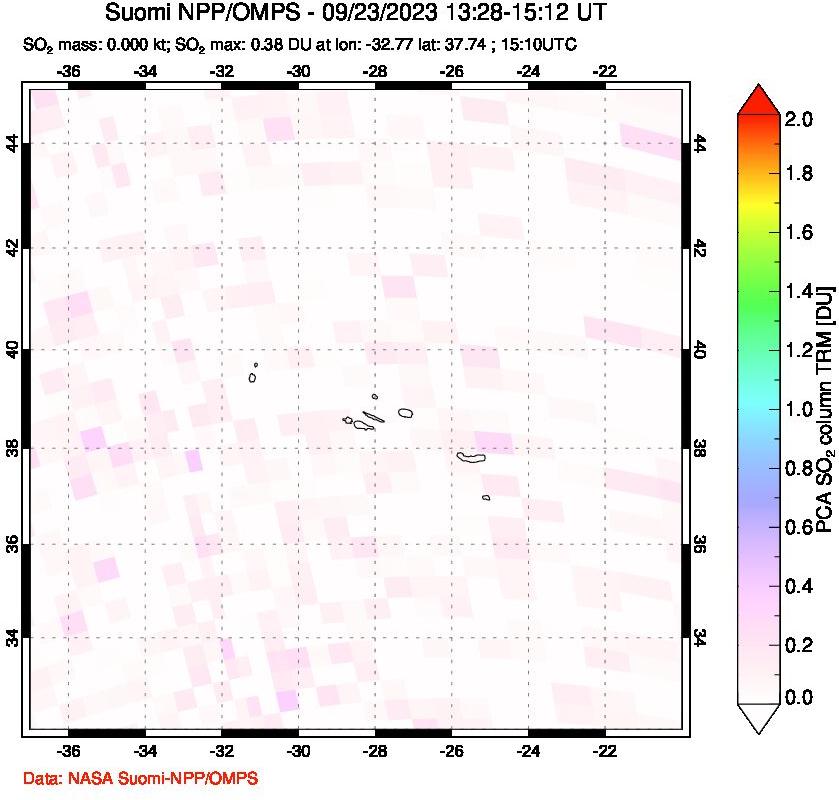 A sulfur dioxide image over Azores Islands, Portugal on Sep 23, 2023.