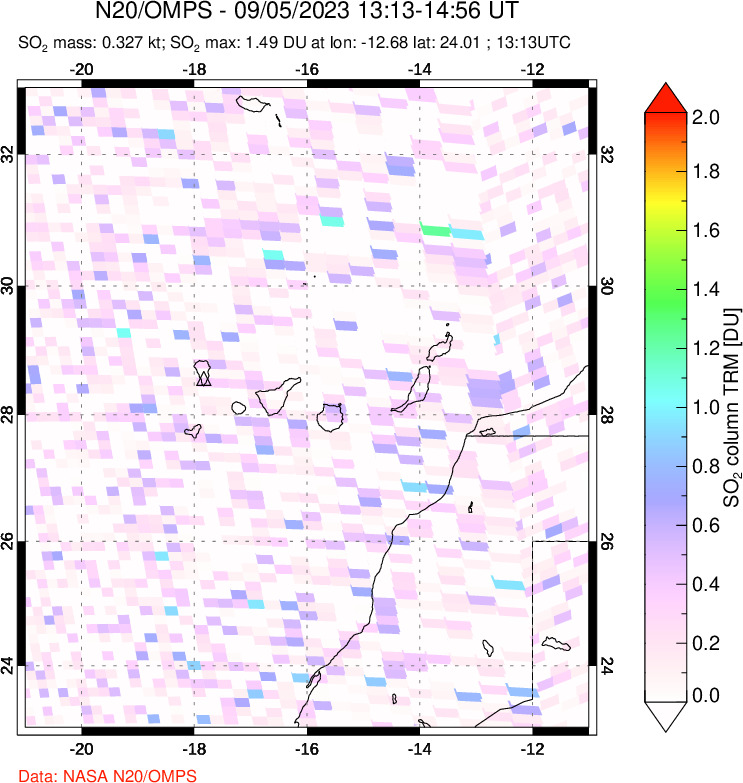 A sulfur dioxide image over Canary Islands on Sep 05, 2023.