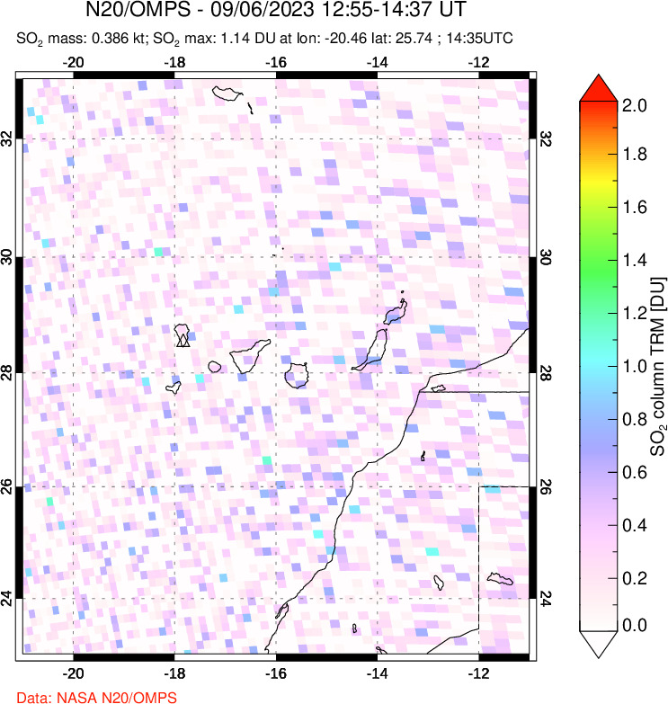 A sulfur dioxide image over Canary Islands on Sep 06, 2023.