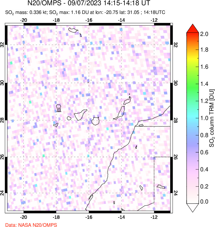 A sulfur dioxide image over Canary Islands on Sep 07, 2023.