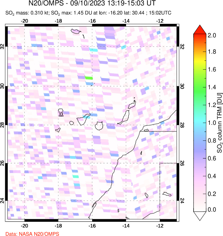 A sulfur dioxide image over Canary Islands on Sep 10, 2023.