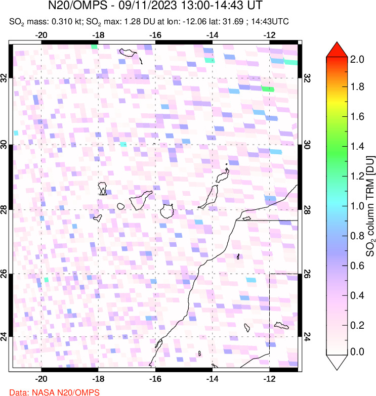 A sulfur dioxide image over Canary Islands on Sep 11, 2023.