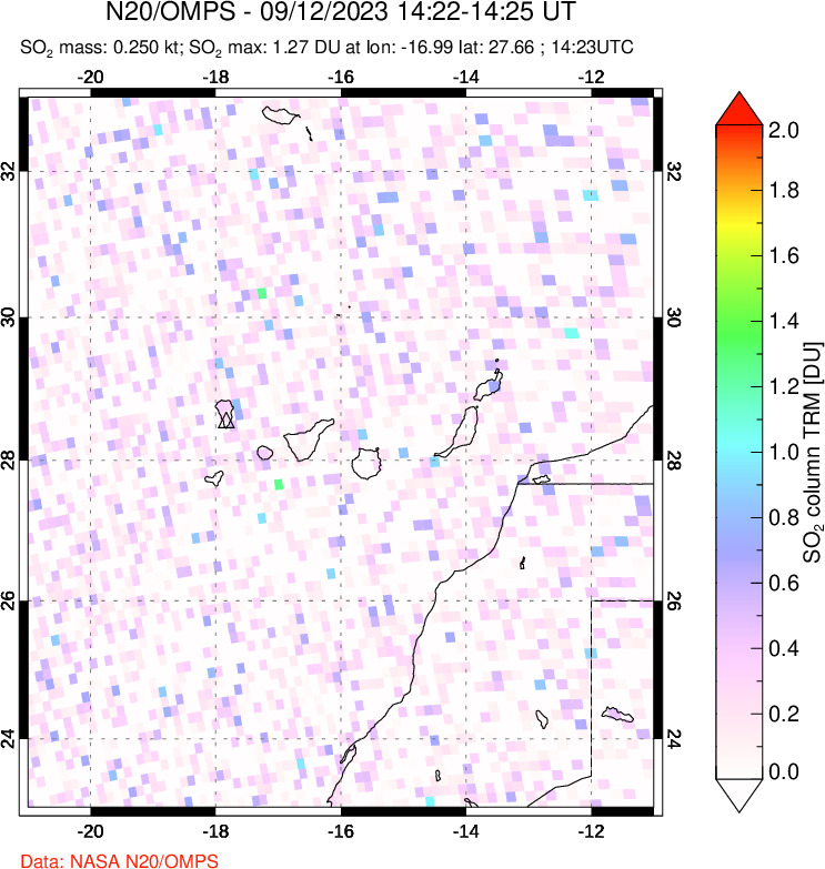 A sulfur dioxide image over Canary Islands on Sep 12, 2023.