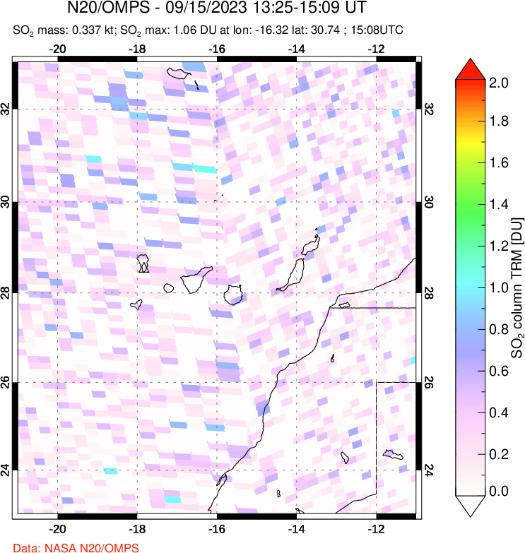 A sulfur dioxide image over Canary Islands on Sep 15, 2023.