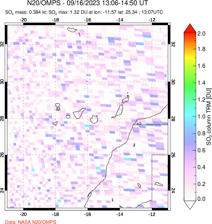 A sulfur dioxide image over Canary Islands on Sep 16, 2023.