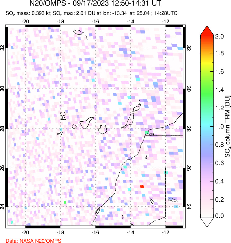 A sulfur dioxide image over Canary Islands on Sep 17, 2023.