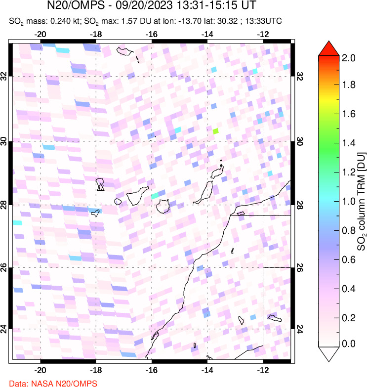 A sulfur dioxide image over Canary Islands on Sep 20, 2023.