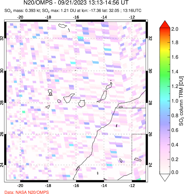 A sulfur dioxide image over Canary Islands on Sep 21, 2023.