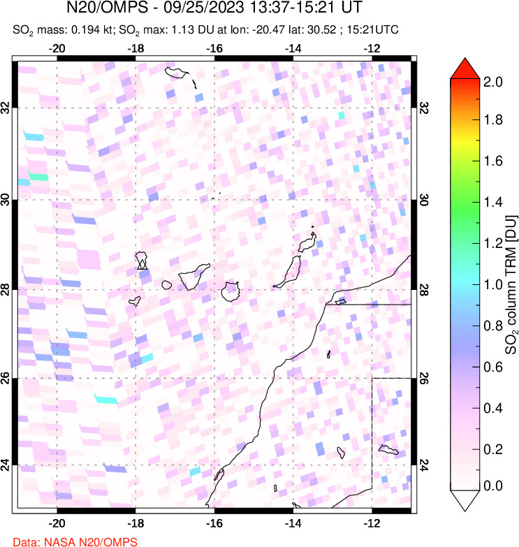 A sulfur dioxide image over Canary Islands on Sep 25, 2023.