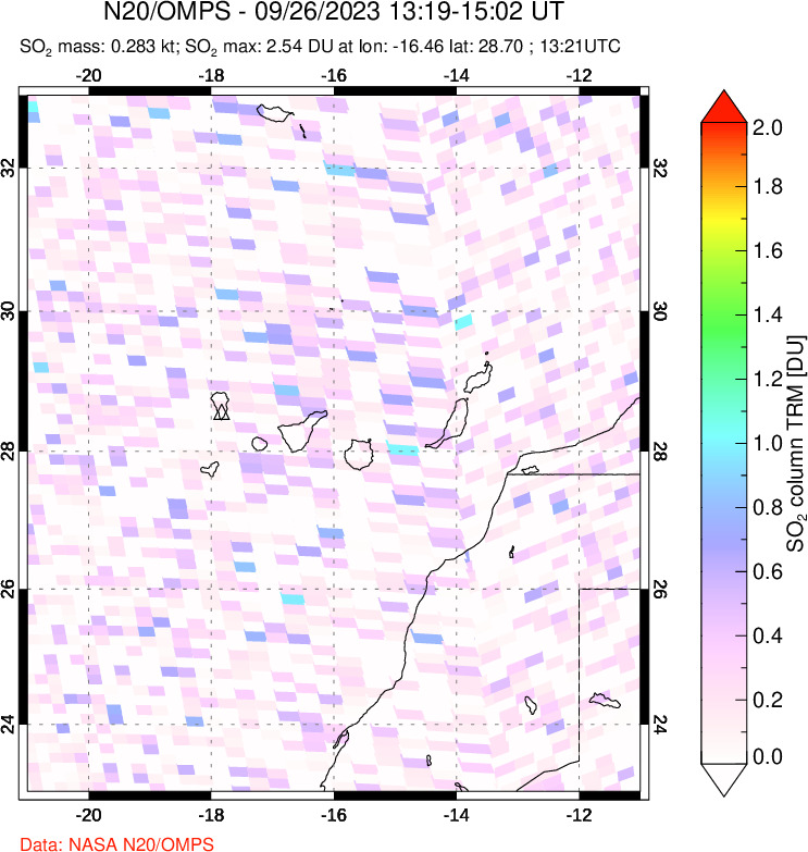 A sulfur dioxide image over Canary Islands on Sep 26, 2023.