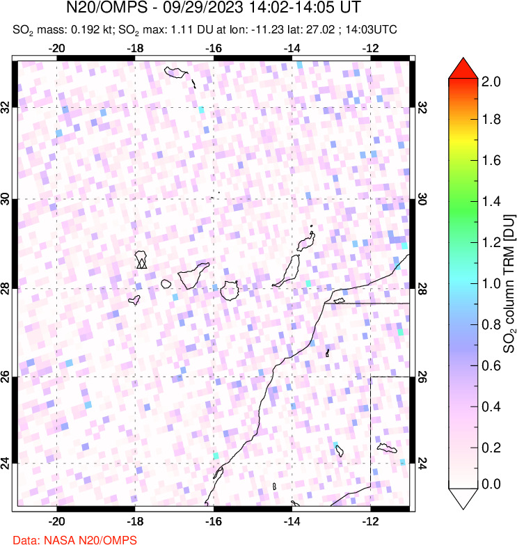 A sulfur dioxide image over Canary Islands on Sep 29, 2023.