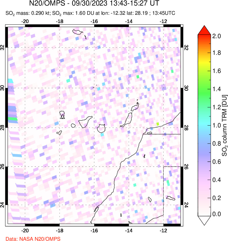 A sulfur dioxide image over Canary Islands on Sep 30, 2023.