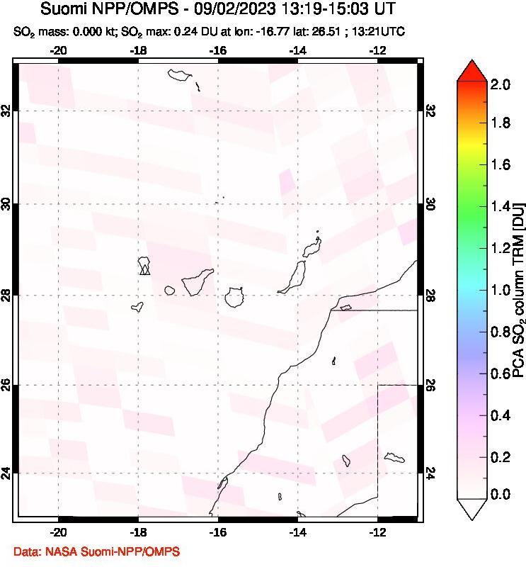 A sulfur dioxide image over Canary Islands on Sep 02, 2023.