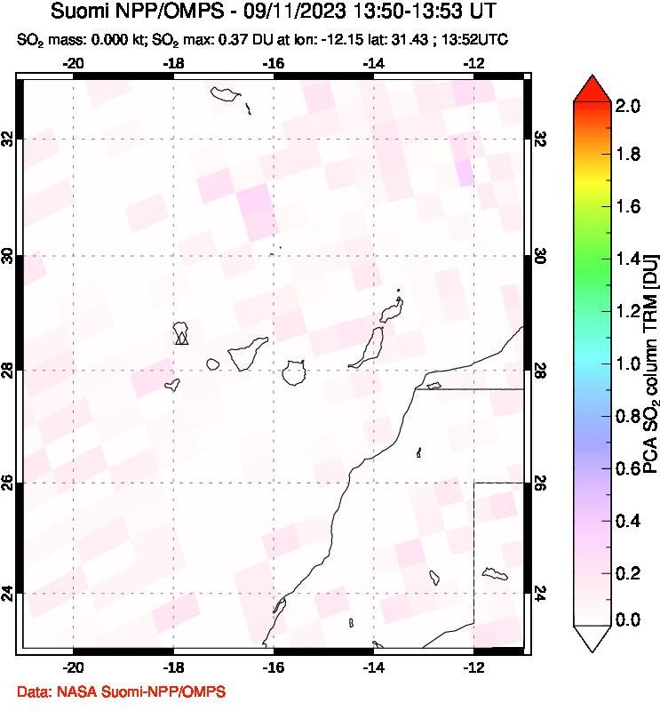 A sulfur dioxide image over Canary Islands on Sep 11, 2023.