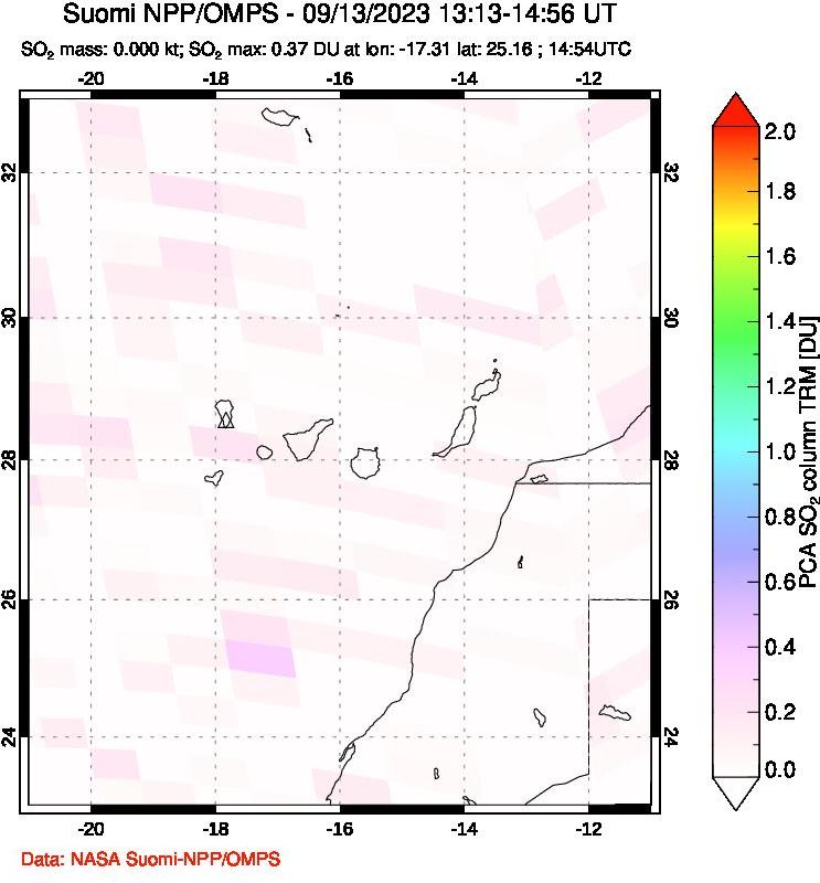 A sulfur dioxide image over Canary Islands on Sep 13, 2023.