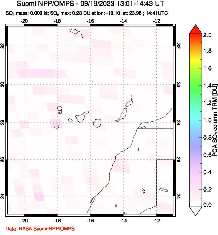 A sulfur dioxide image over Canary Islands on Sep 19, 2023.