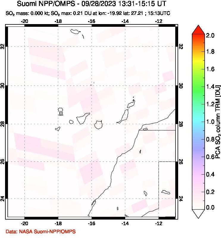 A sulfur dioxide image over Canary Islands on Sep 28, 2023.