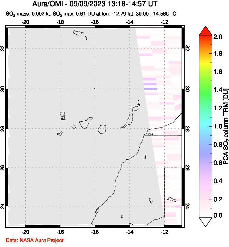 A sulfur dioxide image over Canary Islands on Sep 09, 2023.