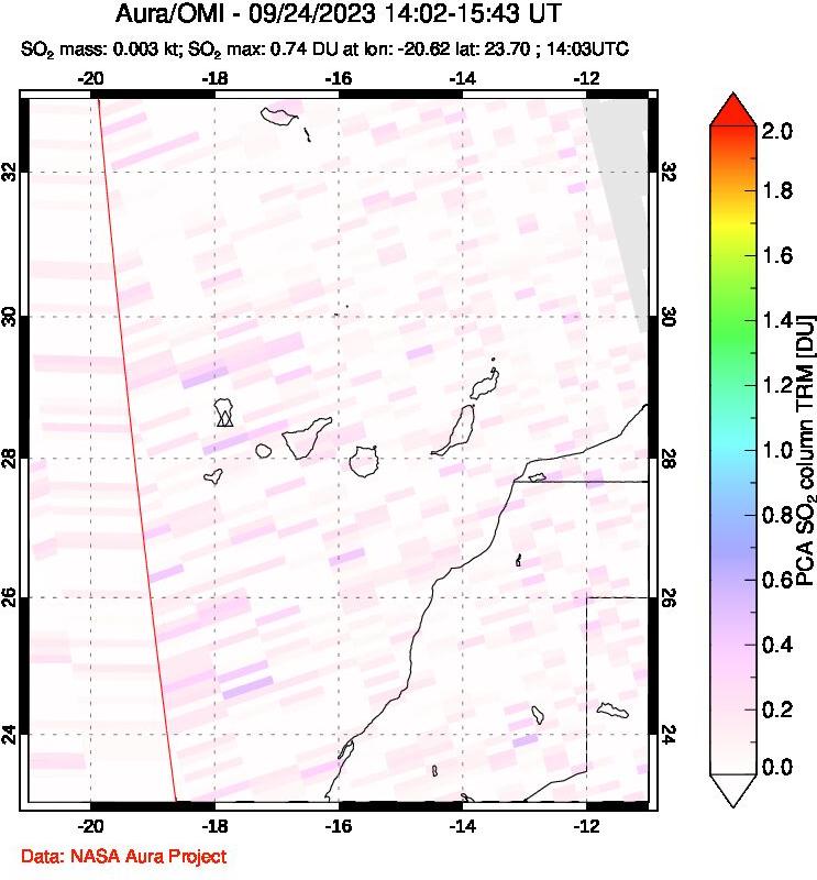 A sulfur dioxide image over Canary Islands on Sep 24, 2023.