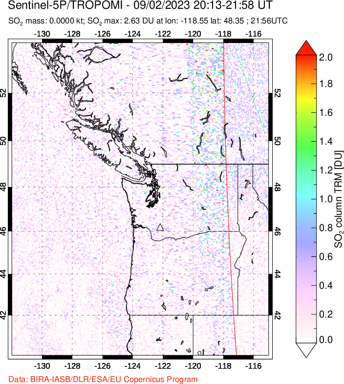 A sulfur dioxide image over Cascade Range, USA on Sep 02, 2023.
