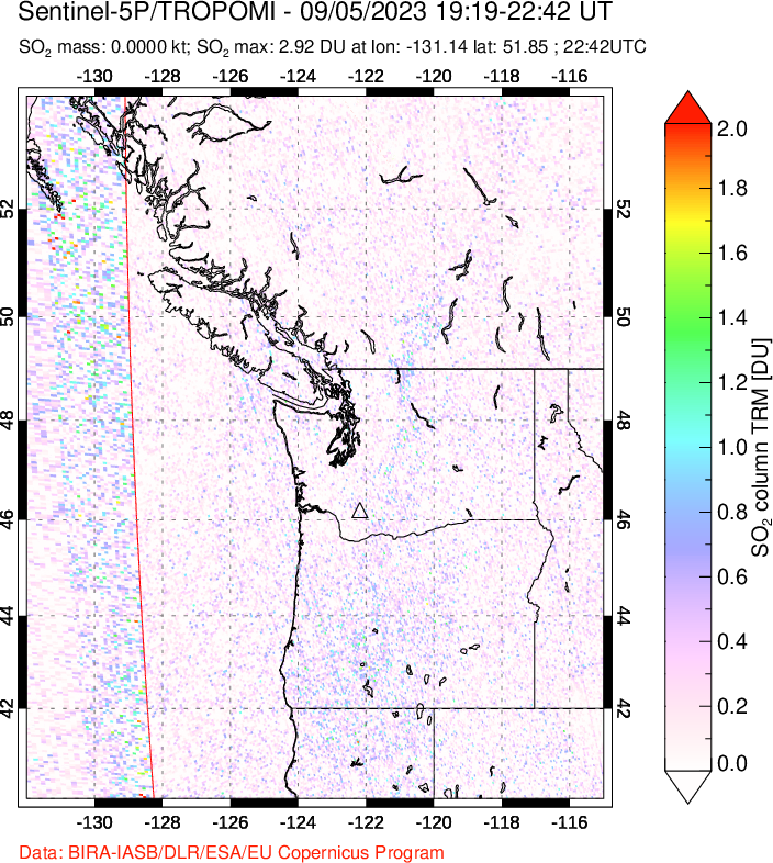 A sulfur dioxide image over Cascade Range, USA on Sep 05, 2023.