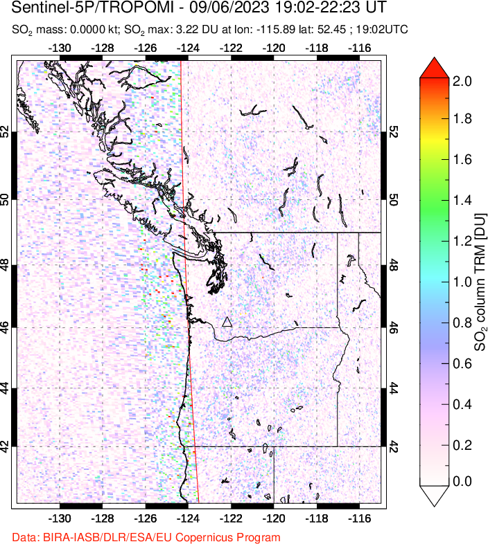 A sulfur dioxide image over Cascade Range, USA on Sep 06, 2023.