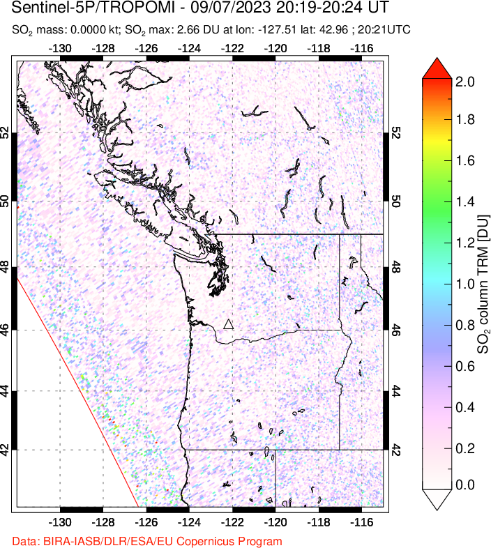 A sulfur dioxide image over Cascade Range, USA on Sep 07, 2023.
