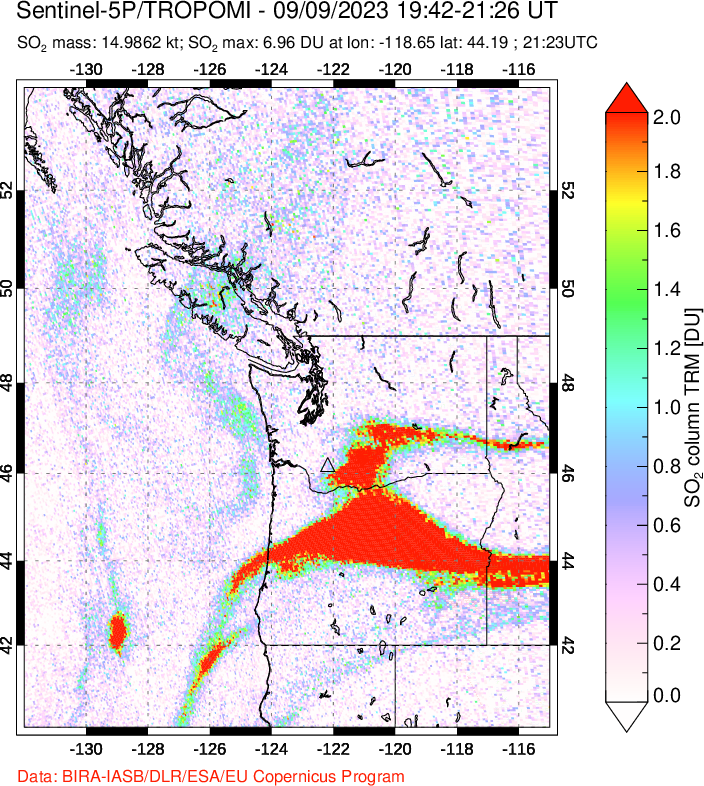 A sulfur dioxide image over Cascade Range, USA on Sep 09, 2023.