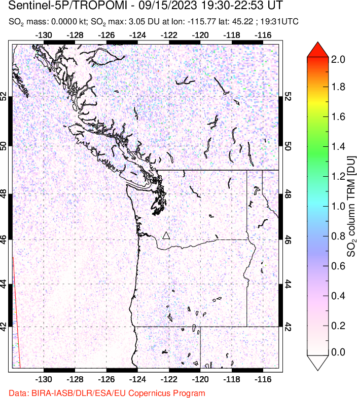 A sulfur dioxide image over Cascade Range, USA on Sep 15, 2023.