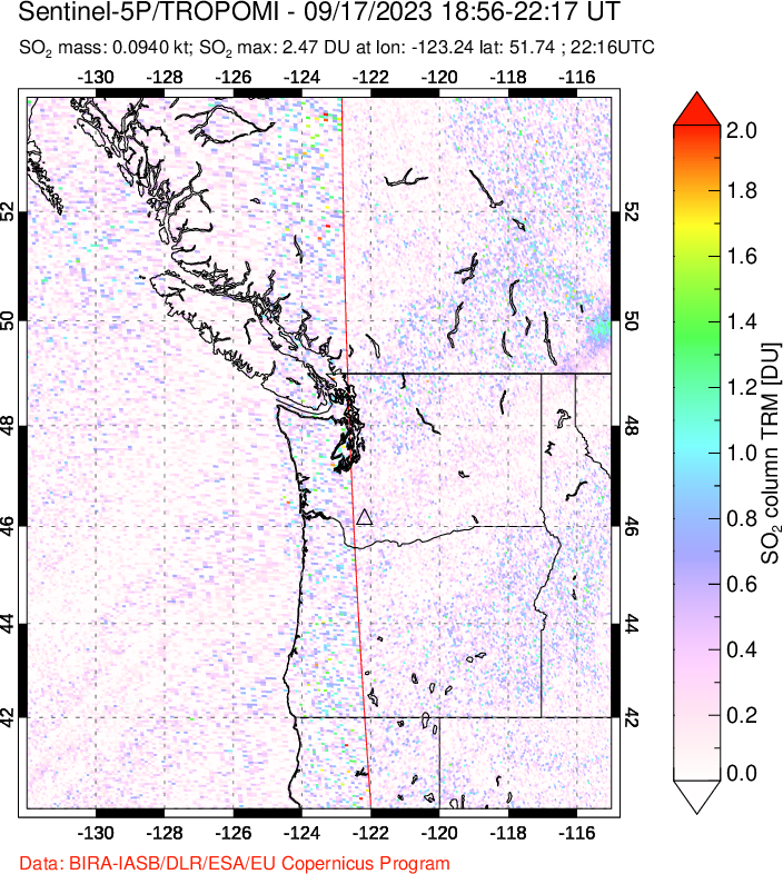 A sulfur dioxide image over Cascade Range, USA on Sep 17, 2023.