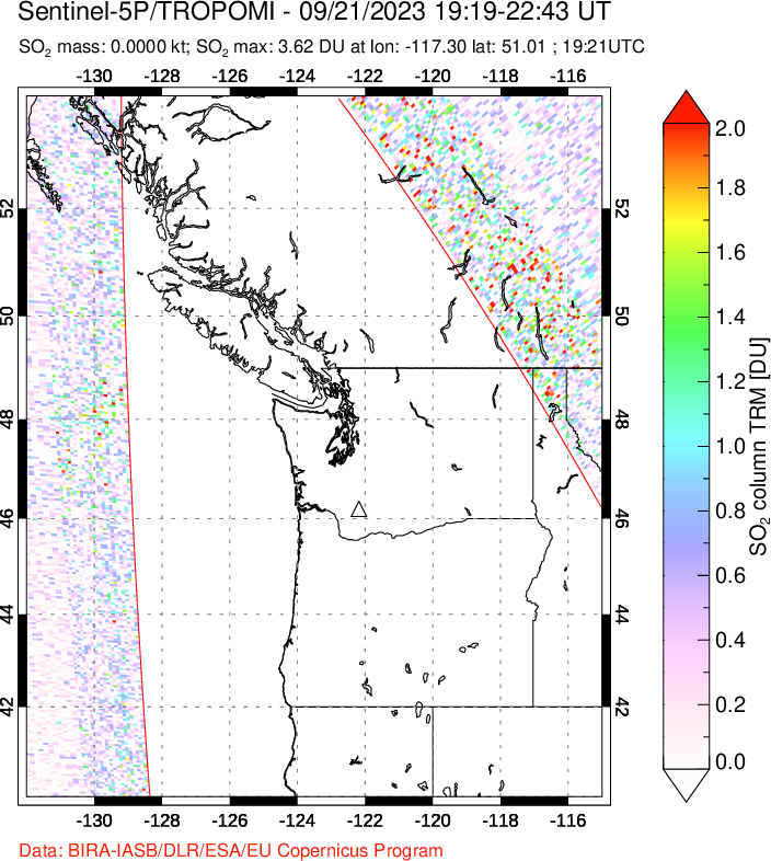 A sulfur dioxide image over Cascade Range, USA on Sep 21, 2023.