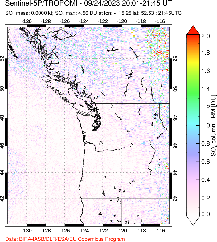 A sulfur dioxide image over Cascade Range, USA on Sep 24, 2023.