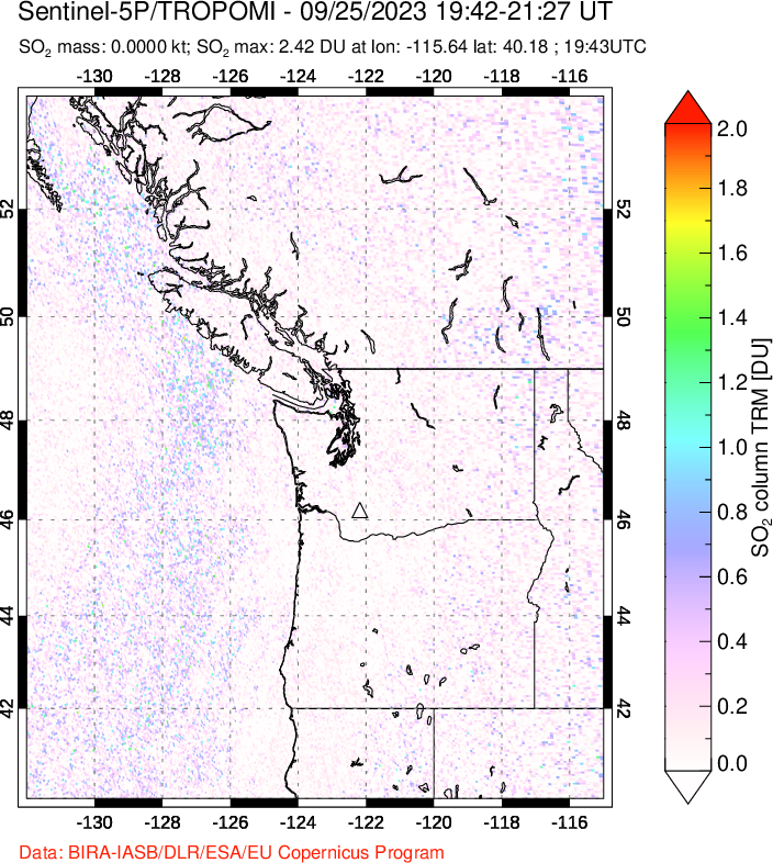 A sulfur dioxide image over Cascade Range, USA on Sep 25, 2023.
