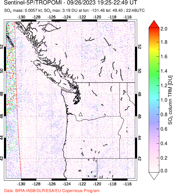A sulfur dioxide image over Cascade Range, USA on Sep 26, 2023.