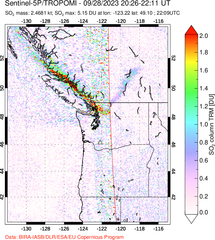 A sulfur dioxide image over Cascade Range, USA on Sep 28, 2023.