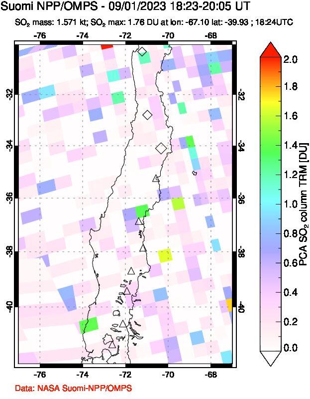 A sulfur dioxide image over Central Chile on Sep 01, 2023.