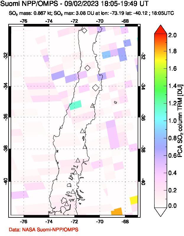 A sulfur dioxide image over Central Chile on Sep 02, 2023.