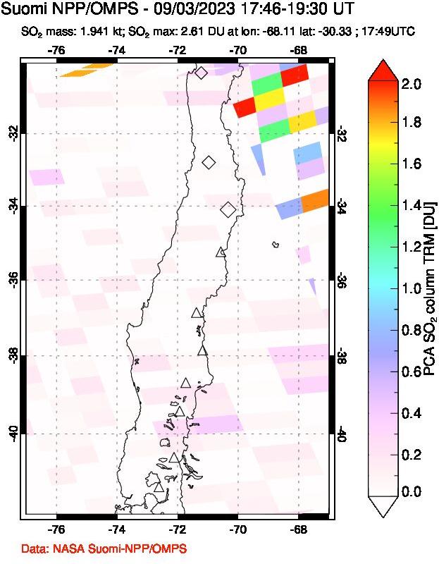 A sulfur dioxide image over Central Chile on Sep 03, 2023.