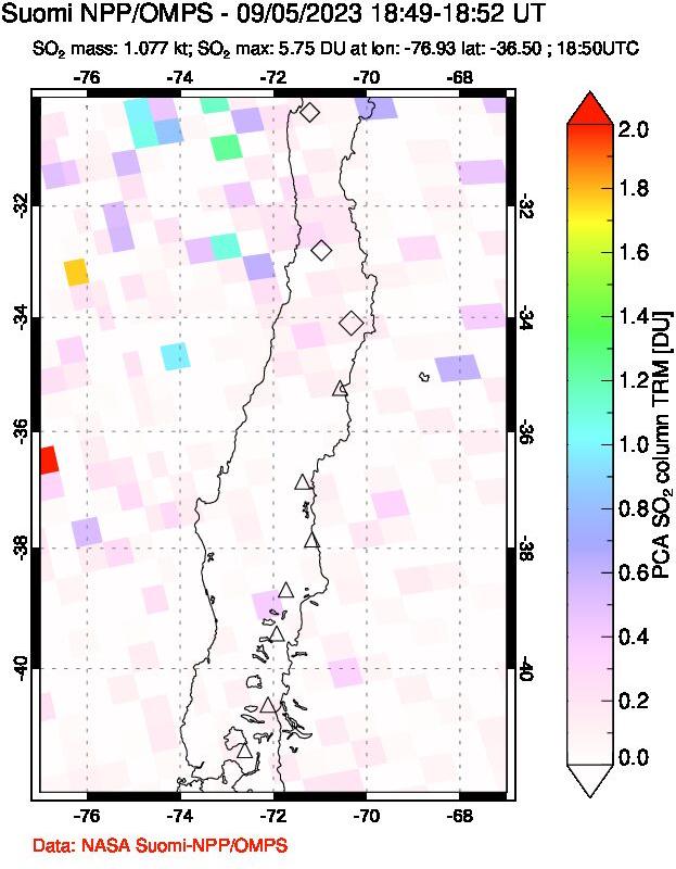 A sulfur dioxide image over Central Chile on Sep 05, 2023.