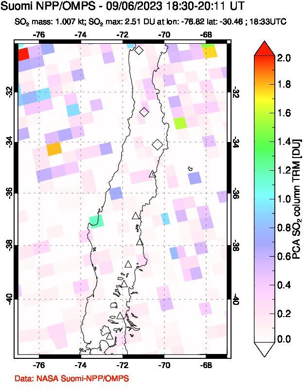 A sulfur dioxide image over Central Chile on Sep 06, 2023.