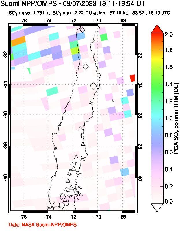 A sulfur dioxide image over Central Chile on Sep 07, 2023.