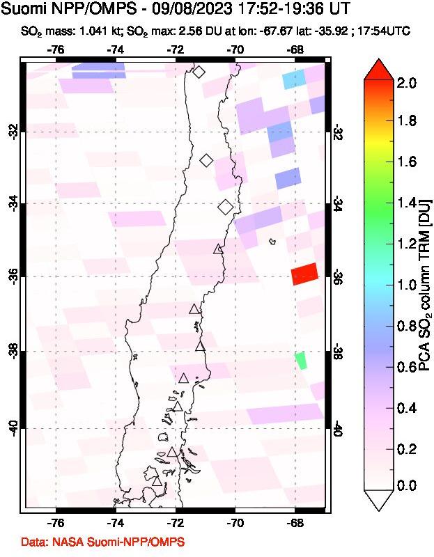 A sulfur dioxide image over Central Chile on Sep 08, 2023.