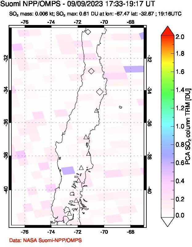 A sulfur dioxide image over Central Chile on Sep 09, 2023.